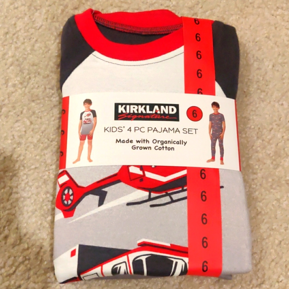 New!Boys Kirkland 4 PC Organically grown Cotton Fitted Pajama Set Size 6